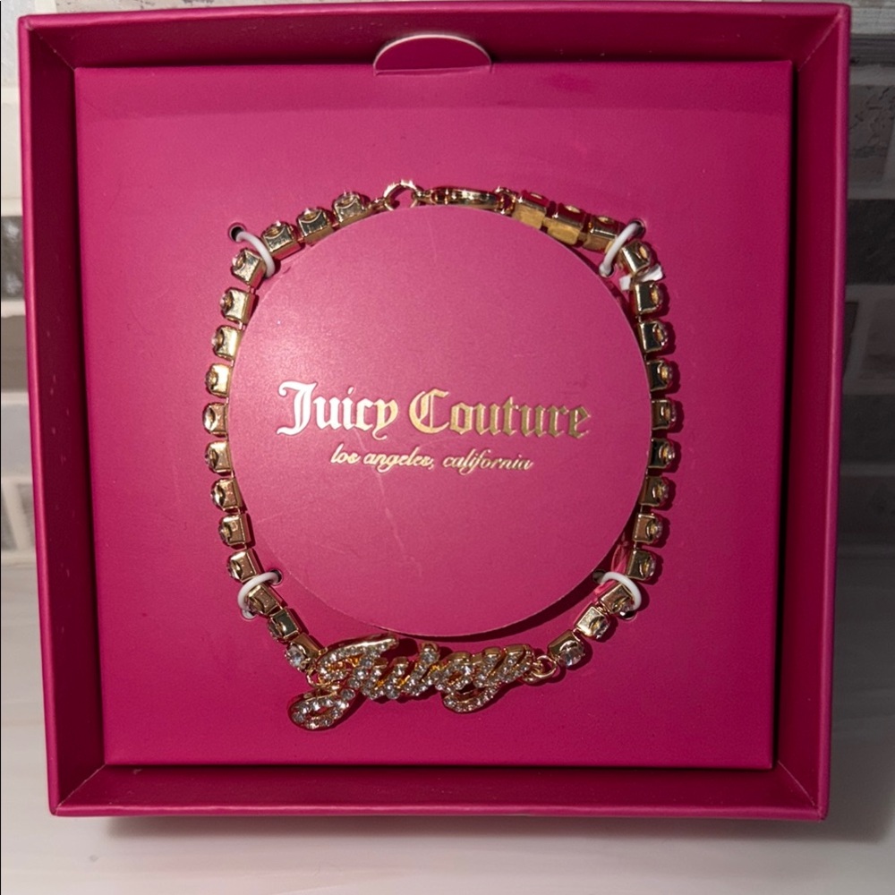 Juicy Couture Gold Crystal 'Juicy' Script Bracelet with Pink Presentation Box